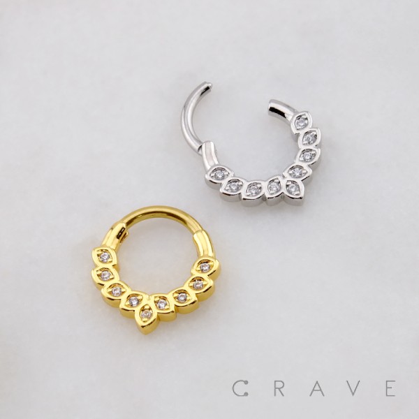 FAN-SHAPED ARRANGEMENT OF SEVEN PEAR-CUT CZ ARCH 316L SURGICAL STEEL SEPTUM HINGED SEGMENT RING